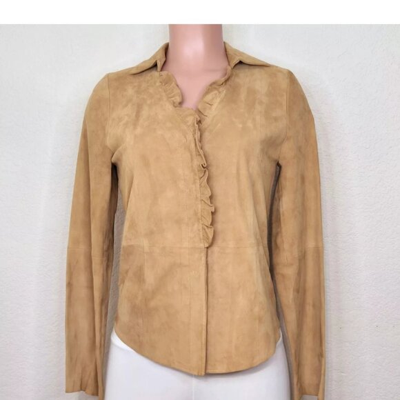 Harold’s Vintage Suede Jacket Tan Leather Ruffle Trim Brown Blazer - Picture 1 of 5